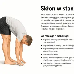 Mężczyzna wykonuje skłon w staniu, rozciągając tylną taśmę ciała. To ćwiczenie pokazuje, co daje stretching: zwiększa elastyczność i redukuje napięcie mięśni.
