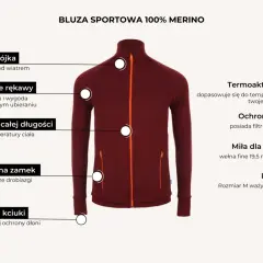 Bordowa bluza sportowa z wełny merino. Wysoka stójka, raglanowe rękawy, zamek na całej długości, kieszenie, otwory na kciuki. Termoaktywna, miła dla skóry.