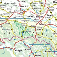 Mapa turystyczna Beskidu Niskiego z zaznaczonymi uzdrowiskami, takimi jak Krynica-Zdrój, Iwonicz-Zdrój i Rymanów-Zdrój.