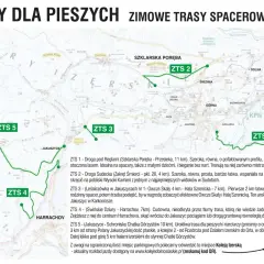 Mapa zimowych tras spacerowych w czeskich i polskich Karkonoszach. Zaznaczone szlaki ZTS 1-5, punkty widokowe i miejscowości.