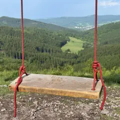 Drewniana huśtawka z napisem "Ruprechticki szpiczak" wisi nad malowniczą doliną pełną zielonych lasów i pól.