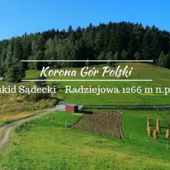 Malowniczy szczyt w Beskidzie Sądeckim, Radziejowa, 1266 m n.p.m. Zielone wzgórza, las i droga prowadząca do Korony Gór Polski.