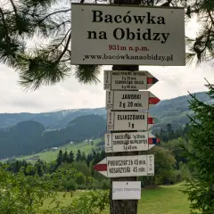 Znaki szlaków turystycznych w górach, wskazujące drogę do Radziejowej i innych miejsc.