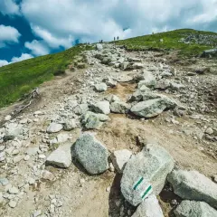 Kamienista trasa na Kasprowy Wierch, z zielonymi znakami szlaku na kamieniach. W oddali widać ludzi idących pod górę.