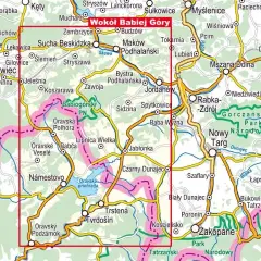 Mapa turystyczna z zaznaczoną trasą wokół Babiej Góry, obejmująca Beskid Żywiecki, Orawę i Podhale.