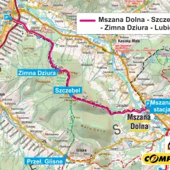 Trasa Mszana Dolna - Szczebel - Zimna Dziura - Lubień. Mapa turystyczna z zaznaczonymi szlakami i miejscowościami.