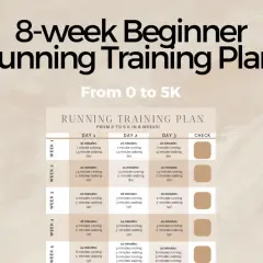 Plan 8-tygodniowego treningu biegania dla początkujących, od 0 do 5 km. Tabela zawiera szczegółowe ćwiczenia na każdy dzień.