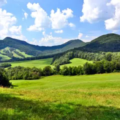 Zielone, pofałdowane wzgórza Beskidu Niskiego pod błękitnym niebem z chmurami.