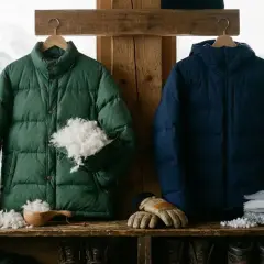 Zielona i granatowa puchowa kurtka na zimę, obok rękawiczki i czapki. Idealna na mroźne dni.