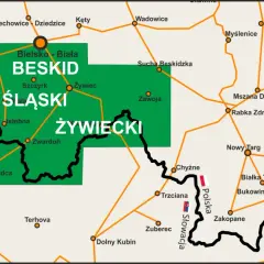 Mapa turystyczna z zaznaczonym obszarem Beskid Śląsko-Morawski, obejmującym m.in. Żywiec i Szczyrk.