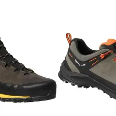 Dwa modele butów: wysokie buty podejściowe La Sportiva i niskie buty trekkingowe Salewa.