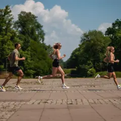 Trzech biegaczy w letni dzień, przygotowujących się do startu w zawodach z kalendarza biegowego.