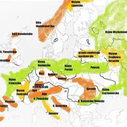 Mapa Europy z zaznaczonymi pasmami górskimi, w tym Karpatami na Słowacji.