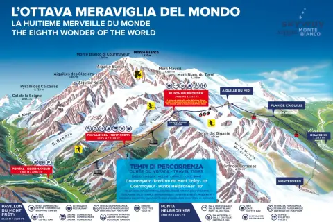 Widok na wejście na Mont Blanc, majestatyczne szczyty Alp, kolejki linowe i trasy narciarskie.