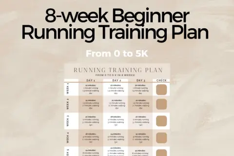 Plan 8-tygodniowego treningu biegania dla początkujących, od 0 do 5 km. Tabela zawiera szczegółowe ćwiczenia na każdy dzień.