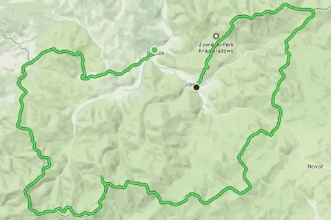 Mapa szlaku turystycznego w Żywieckim Parku Krajobrazowym. Trasa okrężna prowadzi przez malownicze tereny, omijając chudy wawrzyniec.
