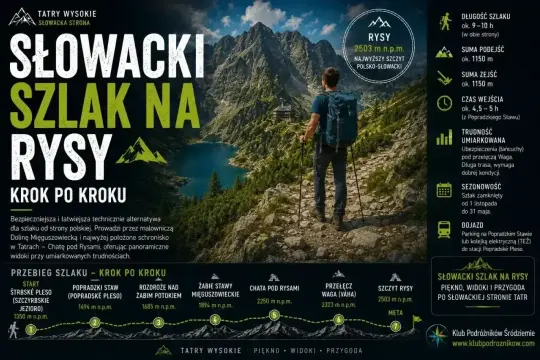 Wędrowiec z plecakiem na szlaku w Tatrach Wysokich. Słowacki szlak na Rysy oferuje piękne widoki.