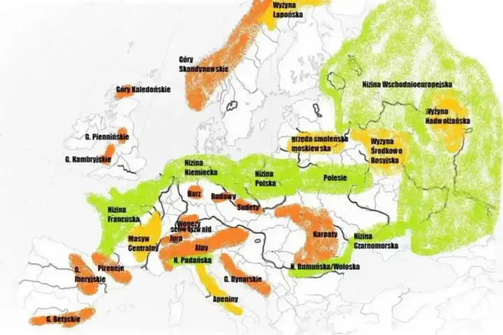 Mapa Europy z zaznaczonymi pasmami górskimi, w tym Karpatami na Słowacji.