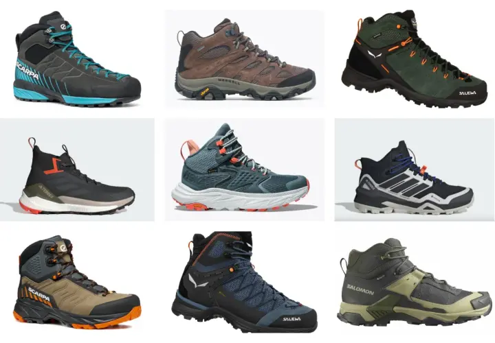 Buty trekkingowe różnych marek, w tym z podeszwami Vibram i Contagrip.