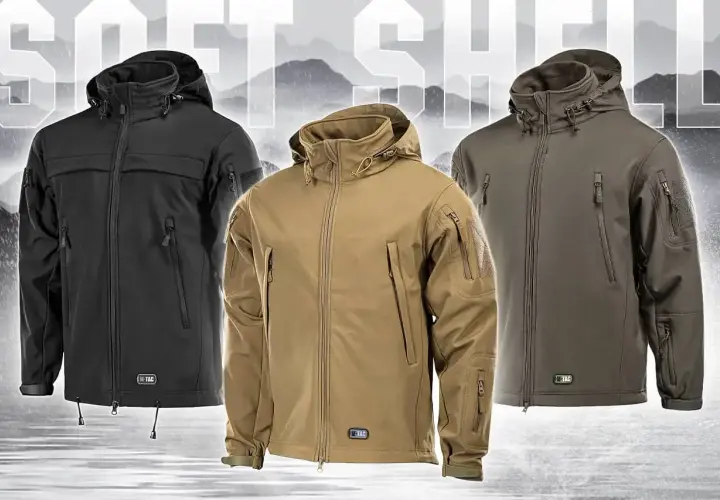 Trzy kurtki taktyczne: czarna, beżowa i oliwkowa. Idealne na każdą pogodę, łączące zalety softshell i hardshell.