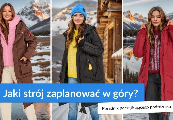 Trzy kobiety prezentują zimowe stroje w góry. Brązowa, czarna i czerwona kurtka, idealne na górskie wędrówki.