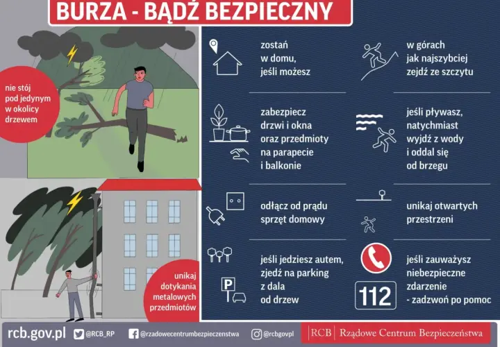Burza w górach! Unikaj drzew i otwartych przestrzeni. Zabezpiecz dom, odłącz sprzęt i nie dotykaj metalowych przedmiotów. W razie potrzeby zadzwoń pod 112.