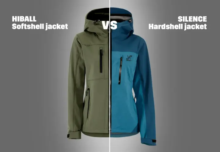 Dwie kurtki: zielona softshell i niebieska hardshell. Idealne na wyprawę w góry, zapewnią komfort i ochronę.