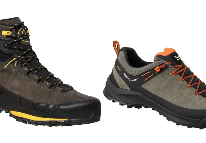 Dwa modele butów: wysokie buty podejściowe La Sportiva i niskie buty trekkingowe Salewa.