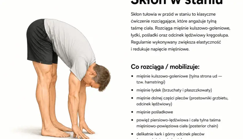 Mężczyzna wykonuje skłon w staniu, rozciągając tylną taśmę ciała. To ćwiczenie pokazuje, co daje stretching: zwiększa elastyczność i redukuje napięcie mięśni.