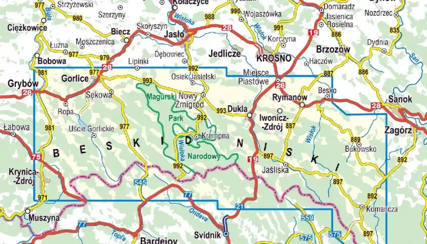 Mapa turystyczna Beskidu Niskiego z zaznaczonymi uzdrowiskami, takimi jak Krynica-Zdrój, Iwonicz-Zdrój i Rymanów-Zdrój.