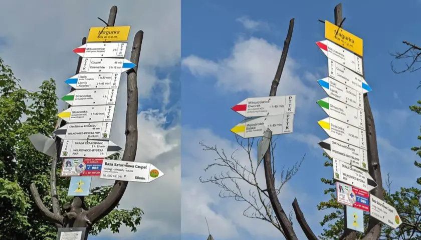 Rozdroże szlaków na Magurce. Wskazówki pokazują drogę do Mikuszowic, Czupel, Straconki, a także Bazy Szturmowej Czupel.