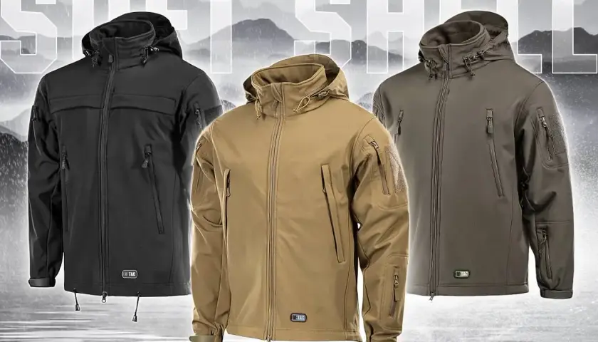 Trzy kurtki taktyczne: czarna, beżowa i oliwkowa. Idealne na każdą pogodę, łączące zalety softshell i hardshell.