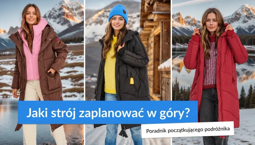 Trzy kobiety prezentują zimowe stroje w góry. Brązowa, czarna i czerwona kurtka, idealne na górskie wędrówki.