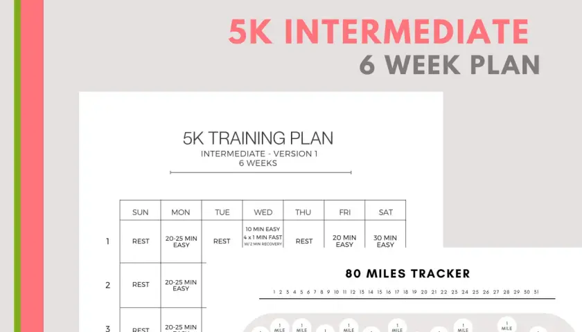 Plan treningowy na 6 tygodni dla biegaczy na 5 kilometrów. Tabela zawiera dni tygodnia i sugerowane ćwiczenia.