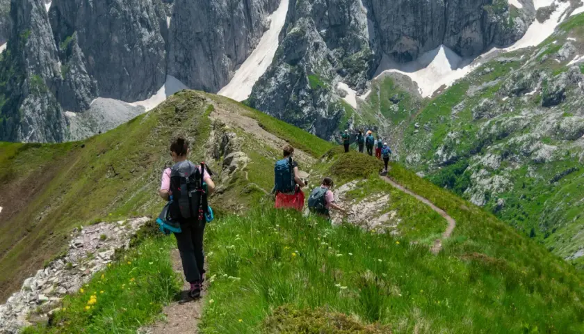 Grupa turystów na szlaku w Alpach. Idealne alpy trekking dla początkujących, z pięknymi widokami i łagodnymi zboczami.