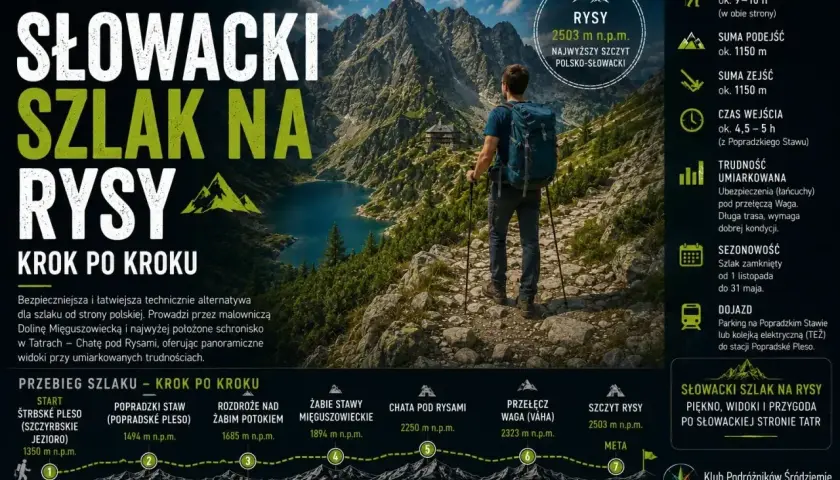 Słowacki szlak na Rysy: umiarkowana trudność, ubezpieczenia (łańcuchy) pod przełęczą Waga. Widoki i przygoda po słowackiej stronie Tatr.
