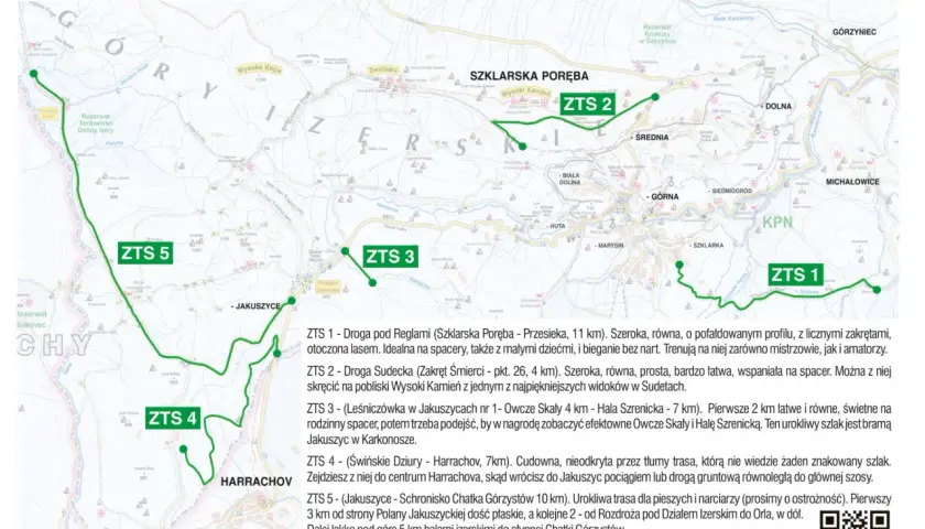 Mapa tras spacerowych w Górach Izerskich i Karkonoszach. Zaznaczone szlaki ZTS 1-5, punkty widokowe i schroniska.