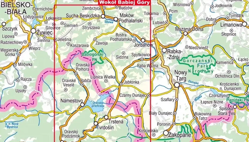 Mapa turystyczna z zaznaczoną trasą wokół Babiej Góry, obejmująca Beskid Żywiecki, Orawę i Podhale.