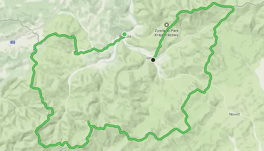Mapa szlaku turystycznego w Żywieckim Parku Krajobrazowym. Trasa okrężna prowadzi przez malownicze tereny, omijając chudy wawrzyniec.