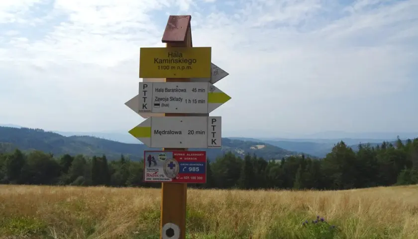 Rozdroże szlaków turystycznych. Tabliczka informuje o wysokości 1100 m n.p.m. i kierunkach do Hali Barankowej, Zawoi Składów i Mędralowej. To punkt startowy na szlak na Halę Kamińskiego.