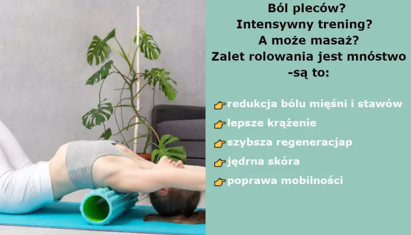 Kobieta ćwiczy z rollerem do pleców, który pomaga w redukcji bólu, poprawie krążenia i regeneracji.