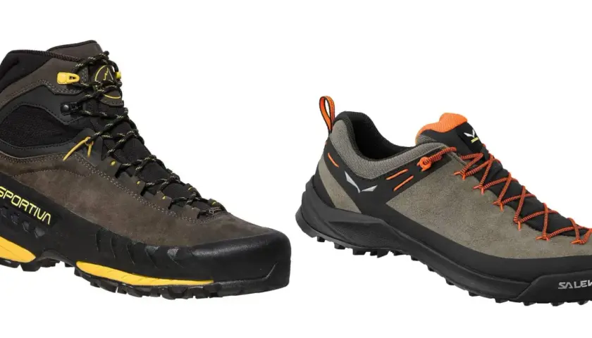 Dwa modele butów: wysokie buty podejściowe La Sportiva i niskie buty trekkingowe Salewa.