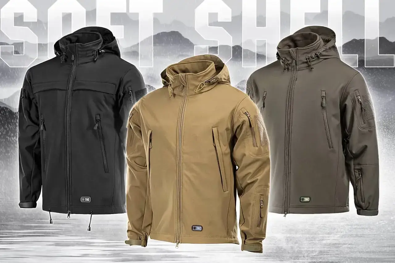 Trzy kurtki taktyczne: czarna, beżowa i oliwkowa. Idealne na każdą pogodę, łączące zalety softshell i hardshell.