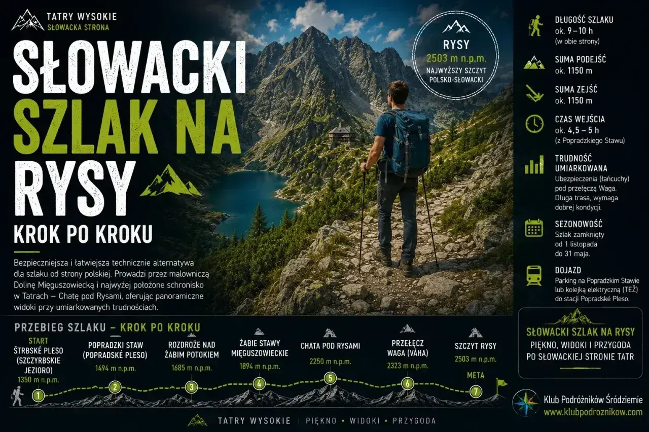 Słowacki szlak na Rysy: umiarkowana trudność, ubezpieczenia (łańcuchy) pod przełęczą Waga. Widoki i przygoda po słowackiej stronie Tatr.