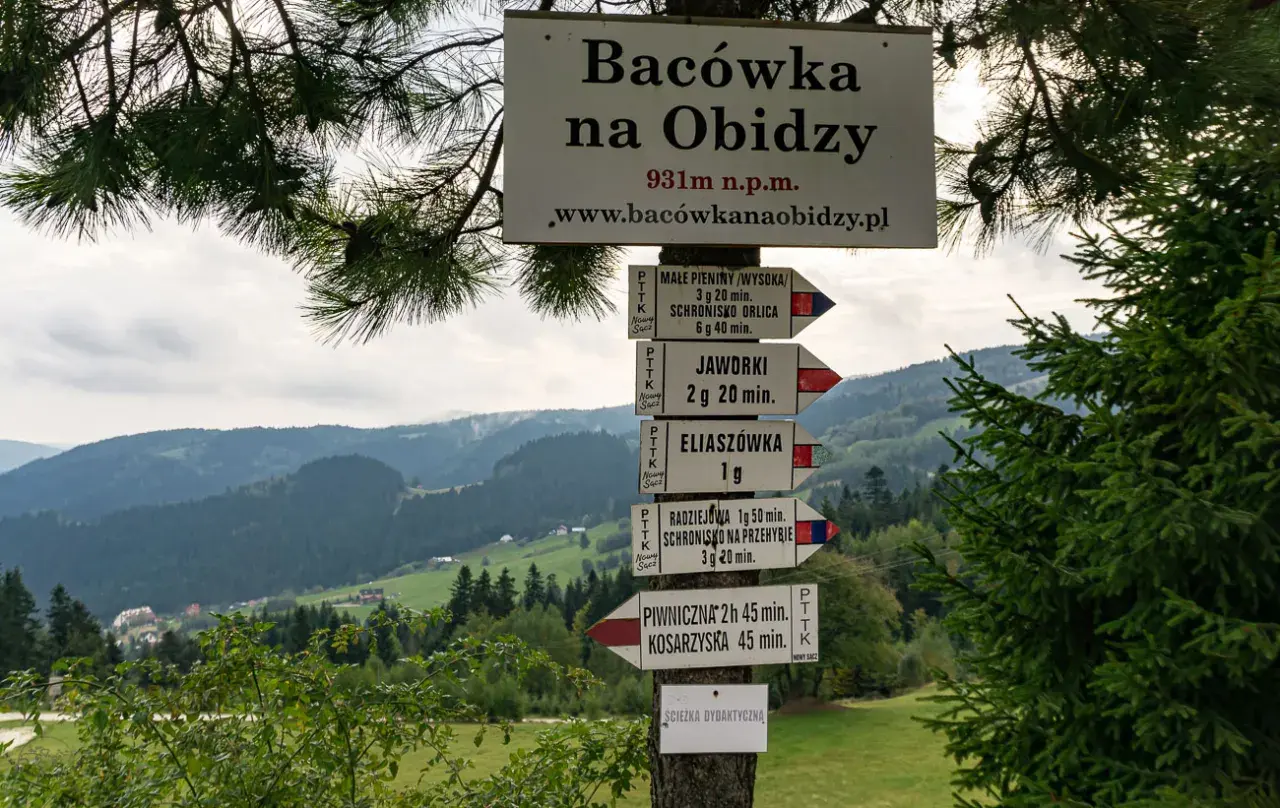 Znaki szlaków turystycznych w górach, wskazujące drogę do Radziejowej i innych miejsc.