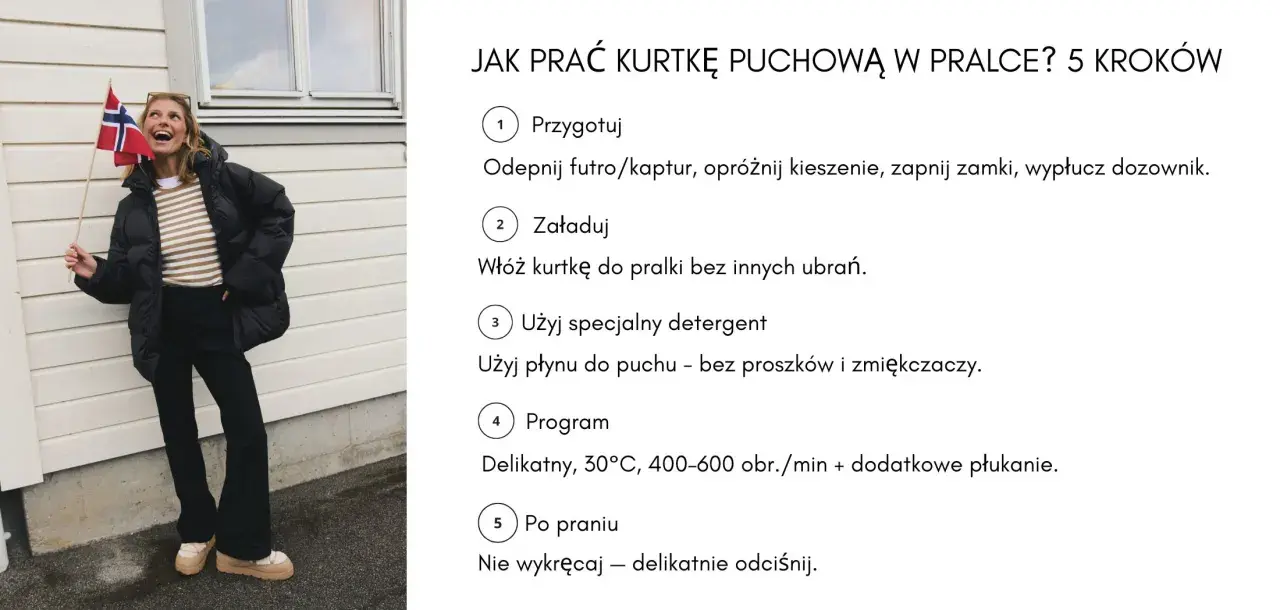 Kobieta w czarnej kurtce puchowej trzyma norweską flagę.