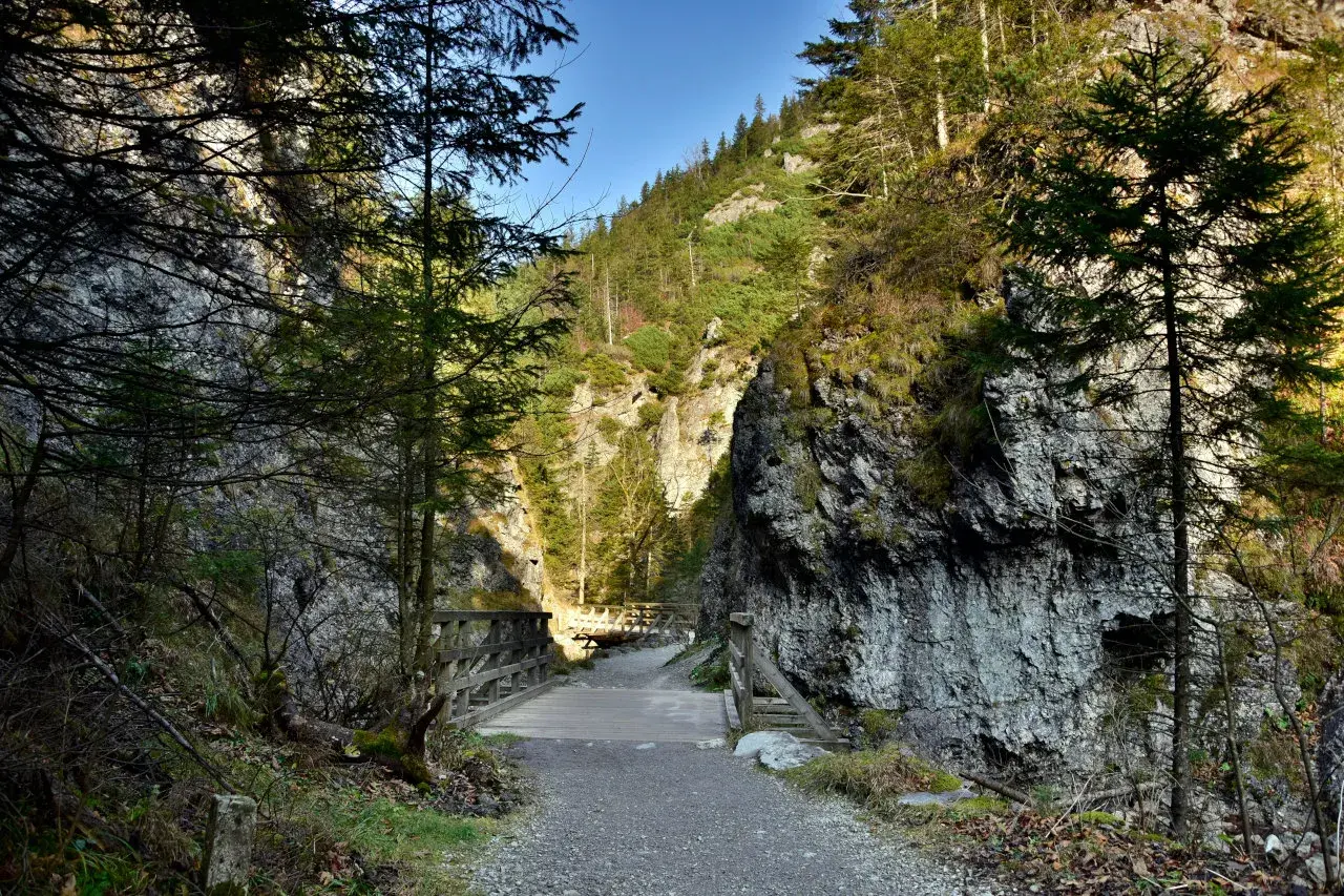 Kamienista ścieżka prowadzi przez wąwóz z drewnianymi kładkami. Idealne tatry szlaki dla początkujących, otoczone skalnymi ścianami i zielenią.