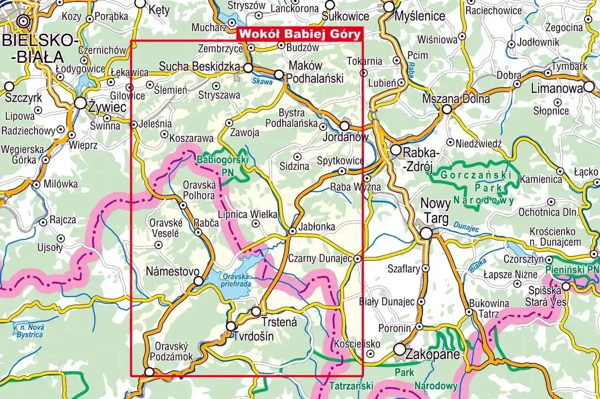 Mapa turystyczna z zaznaczoną trasą wokół Babiej Góry, obejmująca Beskid Żywiecki, Orawę i Podhale.