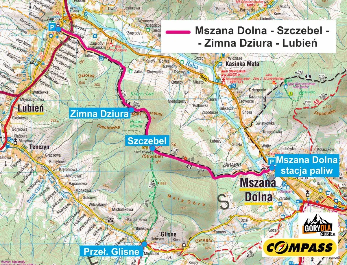 Trasa Mszana Dolna - Szczebel - Zimna Dziura - Lubień. Mapa turystyczna z zaznaczonymi szlakami i miejscowościami.