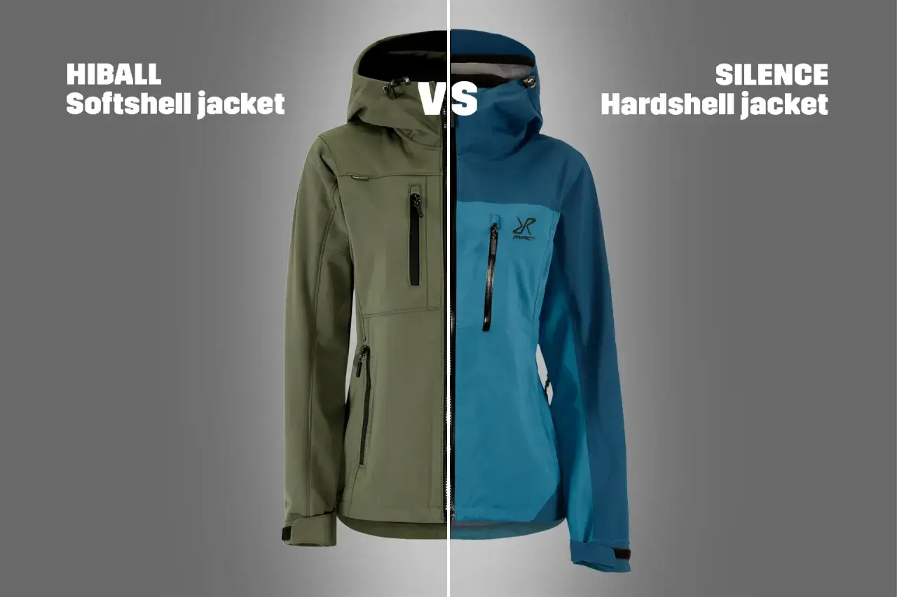 Dwie kurtki: zielona softshell i niebieska hardshell. Idealne na wyprawę w góry, zapewnią komfort i ochronę.